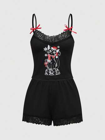 Goth Damen Dunkel Weihnachten Schwarze Katze Schädel Muster Spitzenkragen Splice Spaghetti Träger 3D Kirsche Trägerhemd und gerüschte Super Kurze Shorts 2 Stücke Pyjama Set