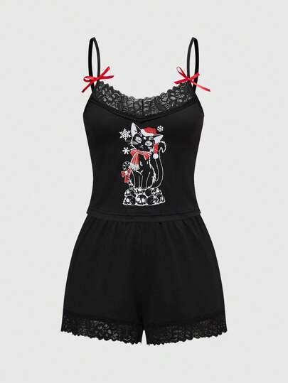 Goth Women's Dark Christmas Black Cat Skull Print Lace Collar Splice Spaghetti Strap 3D Cherry Camisole And Ruched Super Short Shorts 2 Piece Pajama Set