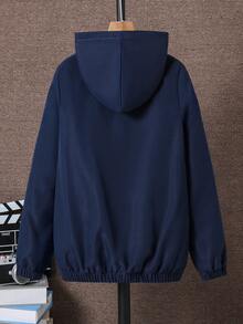 SHEIN Tween Boy Casual Graphic Print Hoodie Jacket, Autumn - Navy Blue - View 2