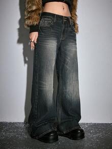 ROMWE J-Fashion Autumn/Winter New Chinese Style Tiger Head Geisha Figure English Embroidery Super Low Waist Retro Women Jeans