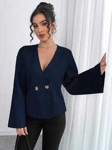 INAWLY Cardigan elegante feminino, fofo, quente, decote em V, manga sino, cintura marcada, jaqueta curta - Azul marinho - Ver 5