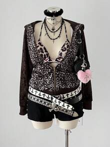 Áo sweatshirt nữ cỡ lớn Sunspun kiểu vintage punk/Y2K gợi cảm với họa tiết da báo, phối họa tiết thoi kim cương, viền gấu bằng nhung gân, khóa kéo, thích hợp cho mùa thu/đông. - Nhiều màu - Xem 7