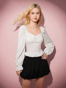 Teen Girl Casual Elegant Versatile White Long Sleeve Asymmetric Collar Blouse, Spring/Autumn - White - View 1