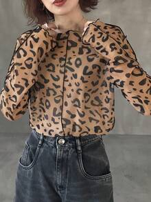 FRIFUL Women's Casual Leopard Print Blouse, Autumn Long Sleeve Women - Rust Brown - View 4
