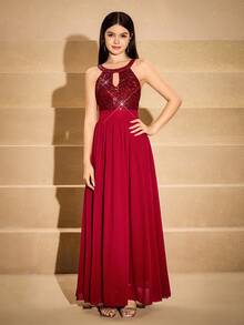 Rochie maxi elegantă din tul, cu paiete, fără spate, pentru adolescente, potrivită pentru absolvire, nuntă, bal, Halloween, Crăciun, vișinie; Rochie de prințesă la modă, cu tiv din plasă și burete, potrivită pentru întoarcerea la școală