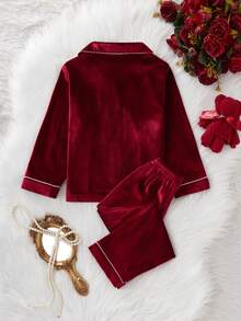 SHEIN Girls Pajamas, Soft Korean Fleece Fabric With Pocket & Heart Embroidery, Long Sleeve Top And Pants 2 Pieces Sleepwear Set Red Pj Set - Red - View 2