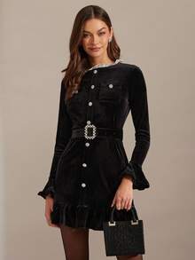 Enchnt 女士时尚优雅天鹅绒蕾丝边腰短裙 - 黑色 - 查看 4