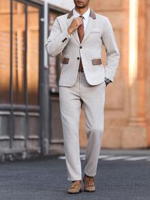 Calvornis Men's Beige Summer Suits,Formal Blazer And Pants Set For Wedding,Graduation & Semi-Formal Occasions,Contrast Color Long Sleeve Top,Cream Daily Suit - Khaki - View 6