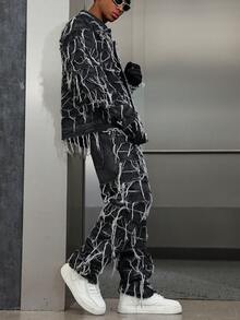 PAVTROS American Style Patch & Fringe Denim Set Fringe Pants Men Black And White Pants, Fall Clothes OVERSIZE Frayed Black Street Rave Couple For GenZ - Blue - View 4