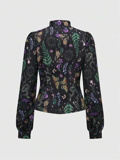 Goth Chemise à manches longues pour femmes, avec nœud papillon, épaules drapées et taille cintrée, style décontracté