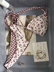 Swim Mod New Women's Summer 2-Piece Random Floral & Plaid Print Triangle Halter Bikini Top And Bottom Set, Beach Vacation Swimwear