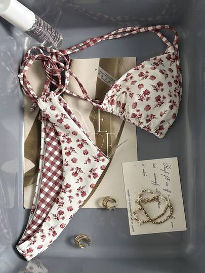 Swim Mod New Women's Summer 2-Piece Random Floral & Plaid Print Triangle Halter Bikini Top And Bottom Set, Beach Vacation Swimwear