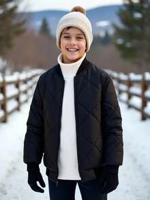 SHEIN 儿童/青少年男童休闲棒球领绗缝棉服外套，冬季外套 - 黑色 - 查看 10