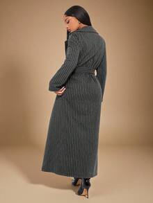 Radiana 灰色条纹羊毛风衣外套，长款羊毛大衣，冬季通勤时尚长款大衣长款细条纹西装外套女款细条纹大衣条纹风衣 - 深灰色 - 查看 2