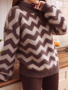 SHEIN Clasi Women's Casual Colorblock Striped Turtleneck Sweater, Autumn/Winter - Brown - View 6