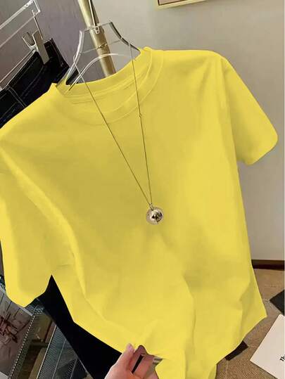 EMERY ROSE Women's Solid-Color Casual Round-Neck Short-Sleeved T-Shirt