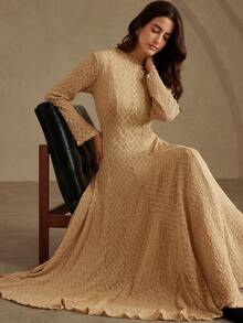 Aveloria Rosie Autumn Elegant British Style Fitted Jacquard Knit Dress With Oversized Hem Slit, Long Sleeve - Khaki - View 1