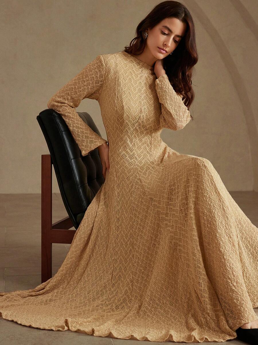 Aveloria Rosie Autumn Elegant British Style Fitted Jacquard Knit Dress With Oversized Hem Slit, Long Sleeve - Khaki - View 1