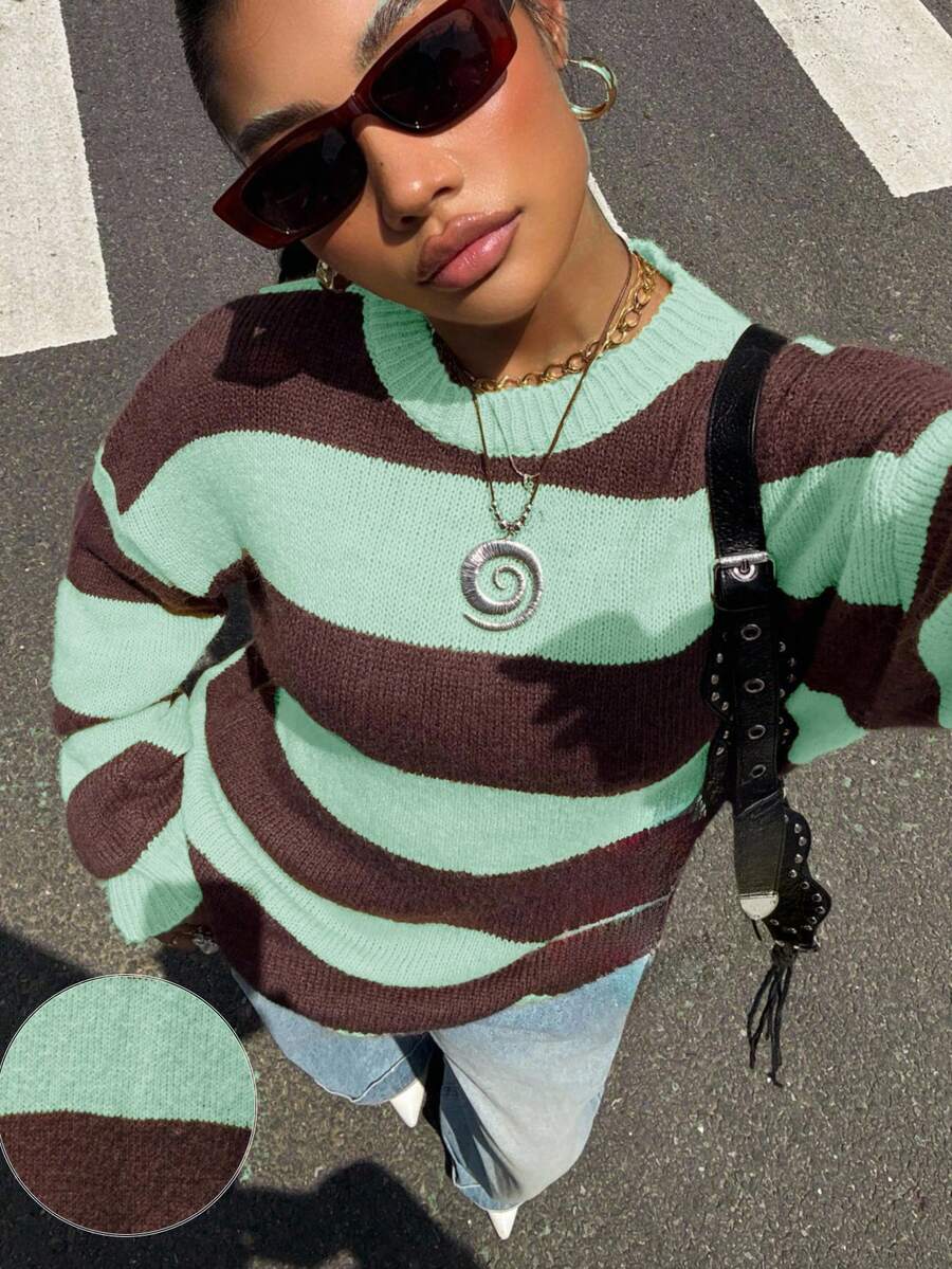 Muchica Women's Regular Striped Pattern Crew Neck Long Sleeve Pullover Sweater - Mint Green - View 1