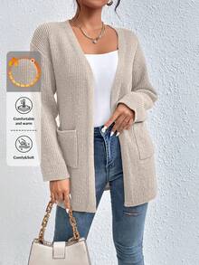 EURMUSE Dual Pocket Drop Shoulder Open Front Cardigan - White - View 1