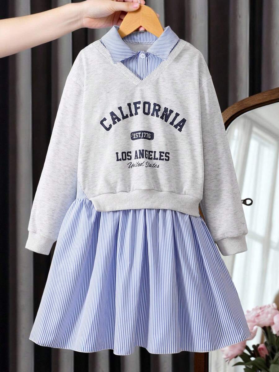 Sparklyn 1pc Tween Girls Sweatshirt Dress, Casual Sweet 2 In 1 Dress Suitable For Autumn Daily Wear - Grey - View 1