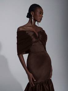 Elitara 优雅、浪漫、性感、时尚、深紫色、缎面弹力面料、鱼尾裙、拖尾、露背、时尚、网红、节日、度假、生日派对、婚礼活动、正式晚礼服 - 咖啡棕 - 查看 3