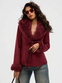 Aloruh Women's Elegant Elegant Simple Solid Color Patchwork Faux Fur Waist Regular Jacket, Autumn/Winter