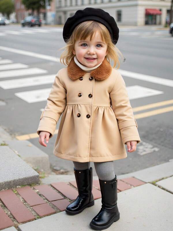 Souflis Souflis Baby Girl 6Months-3Years 1pc Fall For Girl Elegant Daily Outfit Style Button Coat Outing, Long Sleeves Peter Pan Collar Fleece Haut Trench Coat