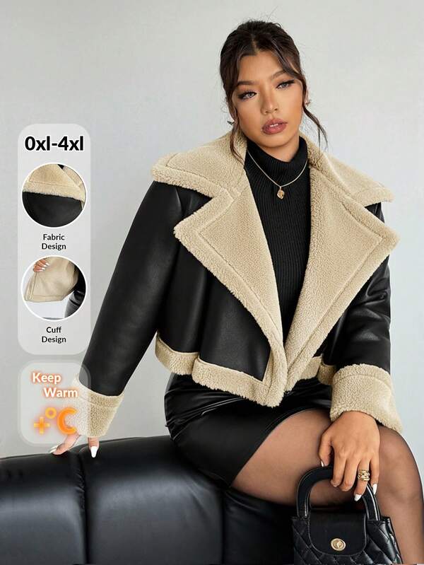 Firerie Plus Size Autumn/Winter Fashion Corduroy Composite Thermal Lining Black & White Contrast Color Short Loose Women Long Sleeve Black Jacket Coat; Suitable For Valentine's Day, Concerts, Performances, Parties, Weddings, Sexy, Elegant, Commuting, Back To School Season Jacket Y2k Coats For Women Women Plus Outerwear Women Women Faux Leather Jacket Shearling Jacket Plus Size Jacket