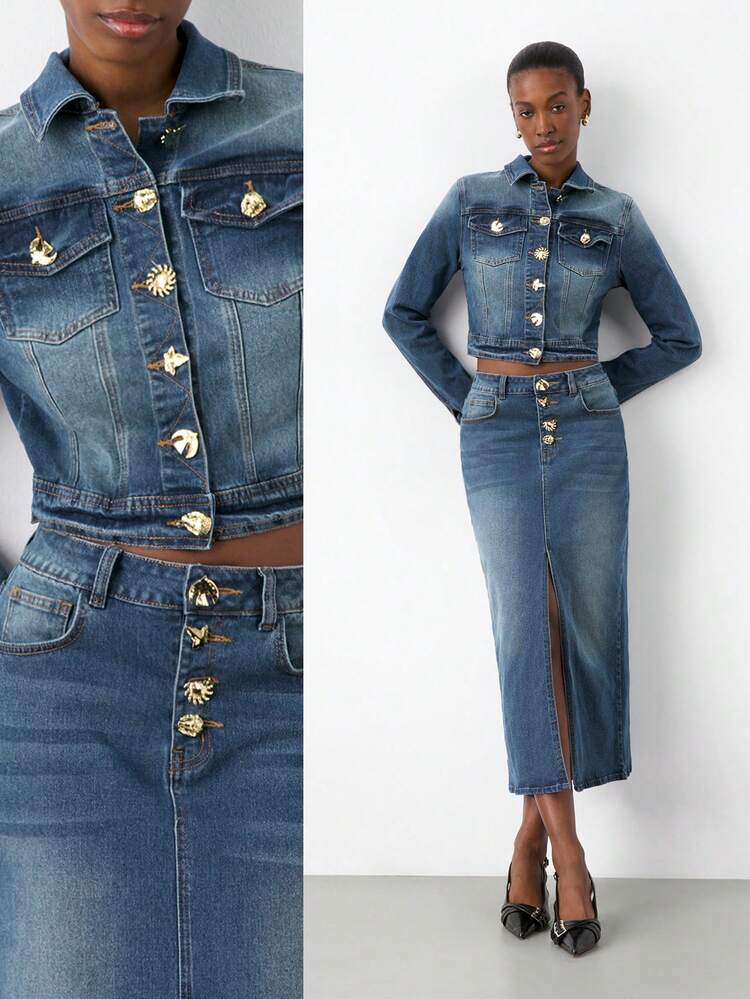 SHEIN Maija Women's Vintage Denim Jacket Exquisite Metal Button Short Coat Elegant Autumn Women's Clothing Workplace Outfits Old Money Style