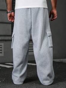 Manfinity EMRG Plus Size Men's Solid Color Drawstring Waist Pockets Casual Sweatpants - Grey - View 2