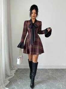 Islaluna Women's Retro Early Autumn Korean Sweet Wine Red Plaid Patchwork Dress With Big Bow Design, Flare Sleeves, Suitable For Dates, Parties, Christmas, Elegant Dress