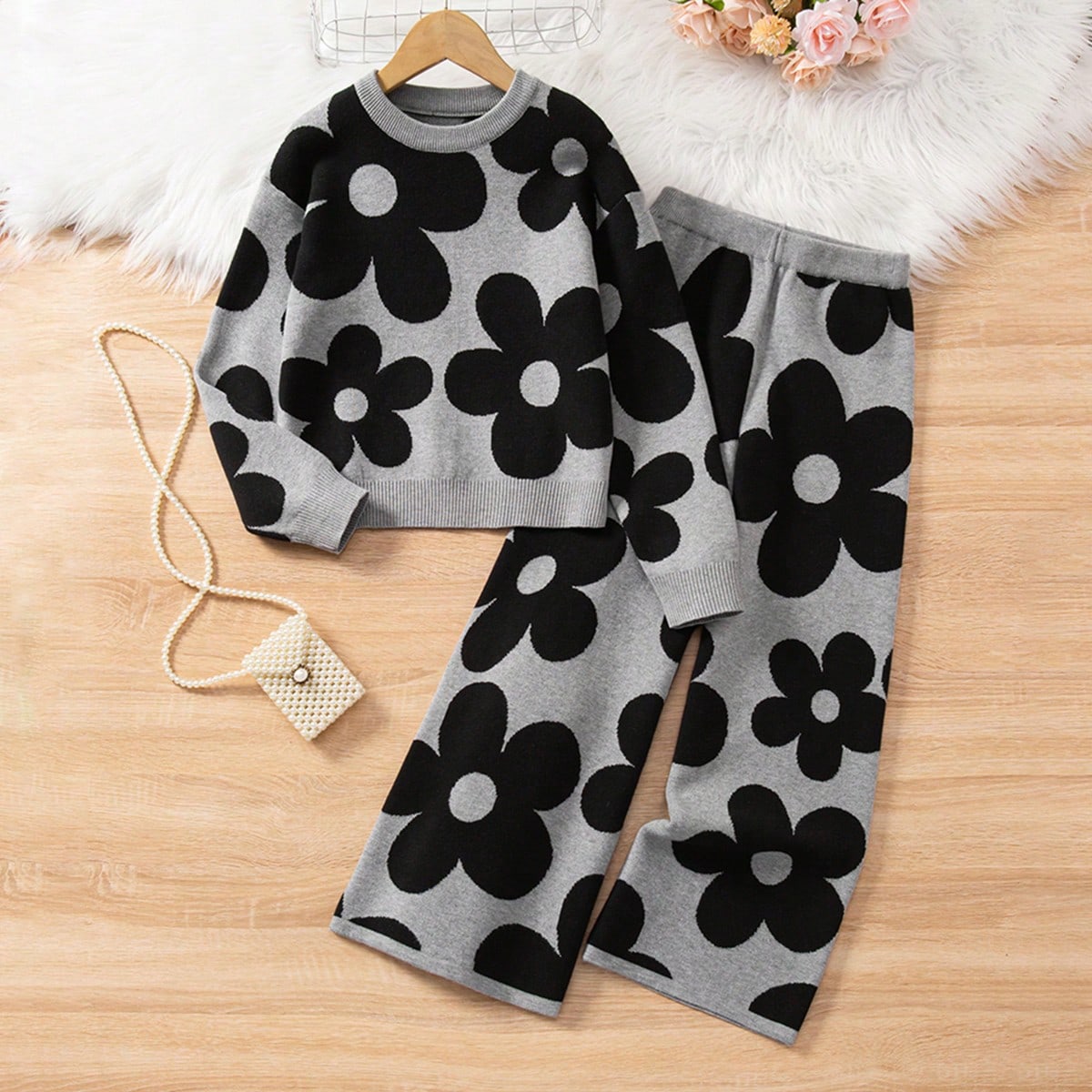 Conjunto de 2 piezas de suéter de punto jacquard y leggings de moda para niñas preadolescentes, otoño/invierno