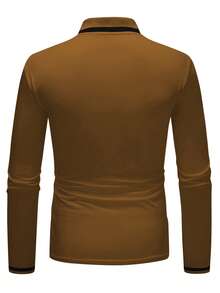 Manfinity Homme 男士休闲撞色滚边纽扣半开襟贴袋长袖 Polo 衫，秋季金色男士衬衫，男士休闲上衣，男士棕色上衣，男士卡其色衬衫，男士长袖 Polo 衫 - 鏽棕色 - 查看 2