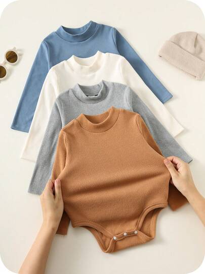 SHEIN 4 pezzi Tutine a maniche lunghe a righe elasticizzate casual in maglia per neonati unisex, abbigliamento invernale per bambini