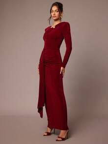 Silquee Váy đệm vai màu đỏ thông thường, thiết kế bất đối xứng với chi tiết nhún bèo, váy bồng bềnh thanh lịch dành cho nữ, phù hợp cho mùa thu/đông, Giáng sinh, ngày lễ tình nhân, tiệc cocktail, những dịp lãng mạn và quyến rũ - Màu Đỏ Sâu - Xem 6