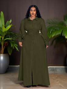 Veslaya 優雅軍綠色女款大尺碼 Najma 秋季洋裝，燈籠袖長版生日禮服，橄欖綠秋冬新款服飾 - 軍綠色 - 查看 7