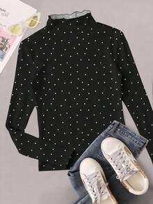 SHEIN EZwear 1 件女式加大码白色波尔卡圆点印花卷边袖口和领口休闲 T 恤，秋冬 T 恤，黑色 T 恤 - 彩色 - 查看 1