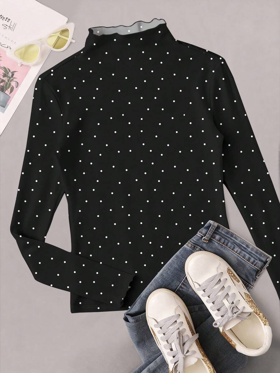 SHEIN EZwear 1 件女式加大码白色波尔卡圆点印花卷边袖口和领口休闲 T 恤，秋冬 T 恤，黑色 T 恤 - 彩色 - 查看 1