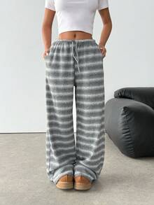 SHEIN Quần ống rộng dáng rộng in họa tiết sọc, có dây rút, túi bên hông, thoải mái khi đi làm hàng ngày cho bé gái tuổi teen - Xám - Xem 3