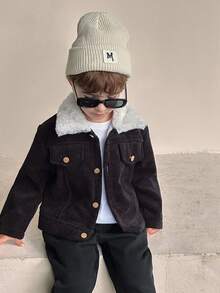 SHEIN Young Boy Furry Panel Collar Long Sleeve Simple Jacket, Casual Daily Wear Chic Outfits For Autumn/Winter - Black - View 3