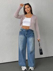 SHEIN EZwear 加大码轻质针织空调开衫 - 卡其色 - 查看 5