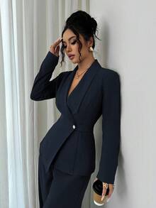 Elenzga petite 女式橄榄绿色厚面料 V 领翻领收腰纽扣设计西装外套和阔腿裤套装，教师/职业装，适合感恩节、万圣节、秋季，时尚百搭两件套 - 藏蓝色 - 查看 3