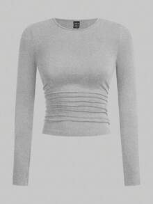 SHEIN EZwear 4pcs Women's Casual, Versatile, All-Match Solid Color Long Sleeve Tight Fit Knit T-Shirts, Suitable For Spring & Autumn Daily Wear Basics Tops Women 3 Packs Tops Tight Fitted Tops Long Sleeve Crop Tops Women Long Sleeve Tops,Fall,Fall Clothes For Women Women Long Sleeve Tops - Dark Grey - View 4