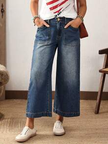 CurvyTilda Plus Size Casual Washed Vintage Wide Leg Jeans Casual Street Patchwork Pocket Loose Wide Leg Jeans Women Jeans Baggy Loose Jeans