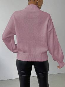 SHEIN LUNE 女式贴花领拼色优雅长袖套头衫 - 淺灰紫 - 查看 2