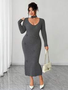 Elenzga Vestido de suéter de punto acanalado con cuello redondo, manga larga, ajustado, con estampado floral en bloques de color talla grande - Gris - Ver 3