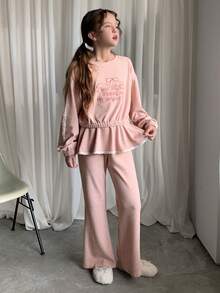 DAZY 女童刺绣圆领针织运动衫套装，青少年女孩秋季服装 - 粉色 - 查看 4