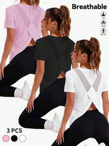 SHEIN Sports 3 件大码女式休闲运动上衣，迷彩，提花，网眼拼接，圆领，不对称下摆，适合宽松运动装，日常休闲，跑步，瑜伽，健身，网球，春夏/秋季 - 彩色 - 查看 1
