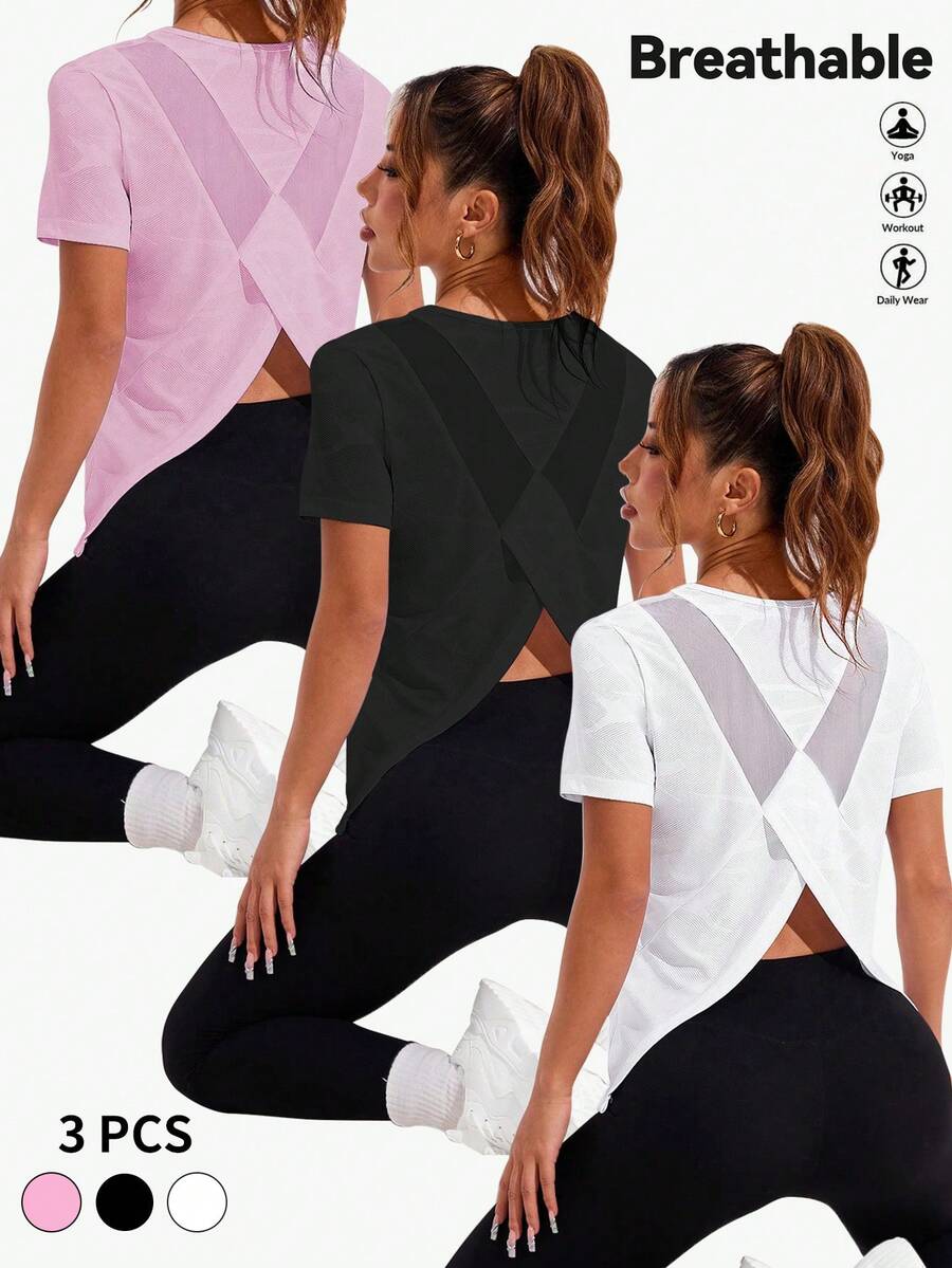 SHEIN Sports 3 件大码女式休闲运动上衣,迷彩,提花,网眼拼接,圆领,不对称下摆,适合宽松运动装,日常休闲,跑步,瑜伽,健身,网球,春夏/秋季 - 彩色 - 查看 1